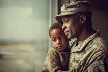 African American soldier embracing son near airport window during emotional farewell