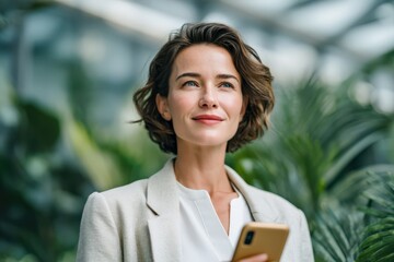 Confident mid-age woman in modern business suit walking through office with smartphone