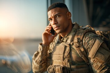 American soldier in uniform talking on phone at airport during emotional departure