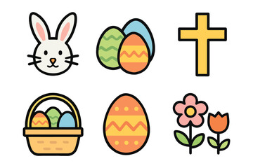Easter icons set bunny eggs cross flowers