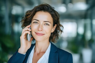Confident businesswoman in smart outfit holding smartphone, standing in modern office, smiling and looking at camera, professional work environment, communication and leadership concept