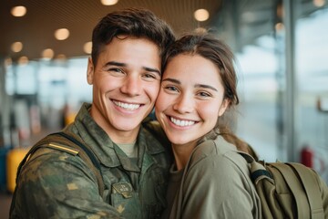 Female army officer hugging husband in joyful airport reunion moment