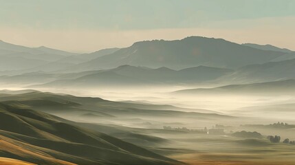 Obraz premium Rolling hills and misty valleys under a soft sky - serene landscape view