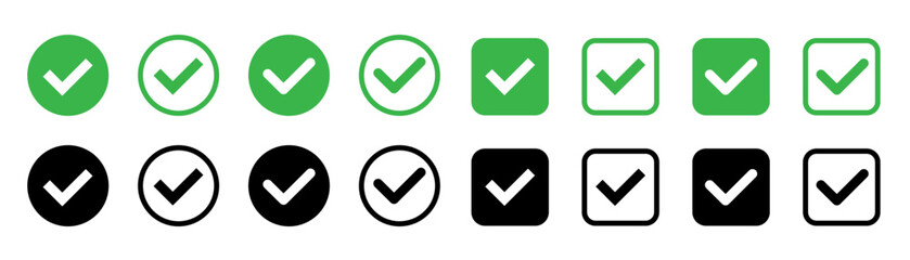 Green check mark icon. Quality sign icon. Check mark icon set. Vector illustration