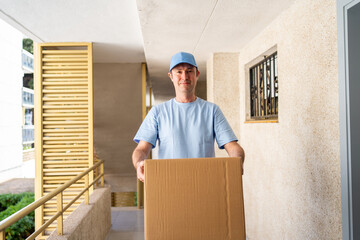 A male courier in a blue uniform with a parcel in his hands.