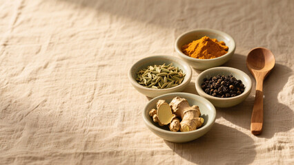 Minimalist Ayurvedic spice flatlay with cumin, turmeric, ginger, coriander, and black pepper in ceramic bowls, beige linen, rustic wood backdrop, golden light, empty space for text