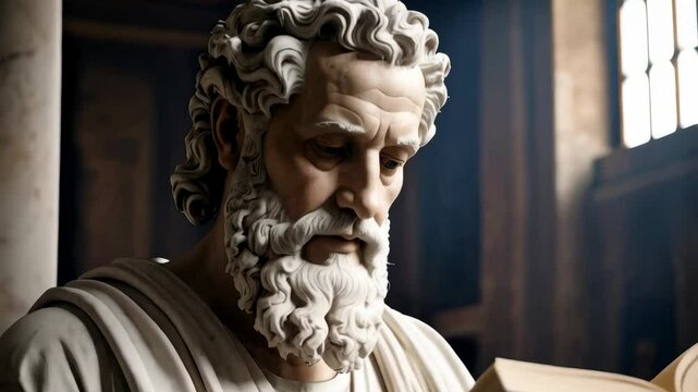 Sculpture of a contemplative ancient philosopher with beard reading a book in a dark interior with classical architectural elements.