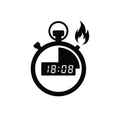 Black Silhouette Stopwatch Timer Icon with Flame Vector Graphic