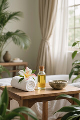 Fototapeta premium Serene vertical spa scene with ayurvedic essential oil bottle and cork, white rolled towel, blooming tropical flower, ceramic bowl with seeds on wooden table, surrounded by green plants.