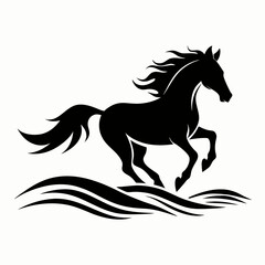 Horse running through waves vector black silhouette on white background