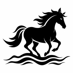 Horse running through waves vector black silhouette on white background
