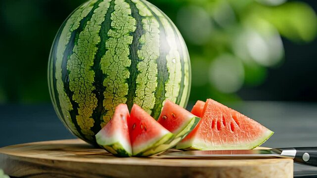 Fresh watermelon slices and whole fruit on wooden cutting board with knife in greenery background