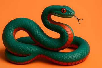 Fototapeta premium Coiled Green Toy Snake with Red Underside and Tongue on Orange Background