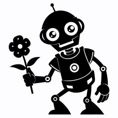 Robot holding a flower gently vector black silhouette on white background