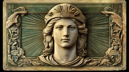 Ornate bas-relief of a woman's head, architectural detail, sunburst background, decorative panel