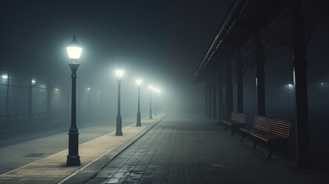 Foggy evening street with lampposts and benches in calm atmosphere - Powered by Adobe
