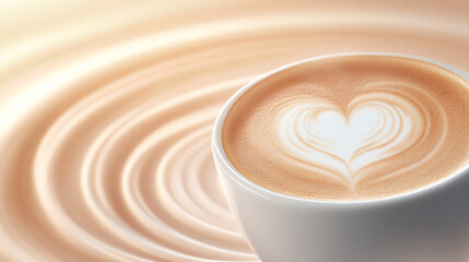 A beautifully crafted latte with a heart design, resting on rippling surface, embodying warmth and comfort in every sip.