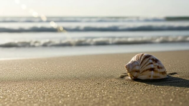 Triton Shell On Sand Beach With Ocean View on a Sunny Day with a Golden Light