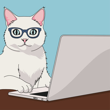 Cute White Cat With Reading Glasses Working on a Laptop on a Table and in Light Blue Background