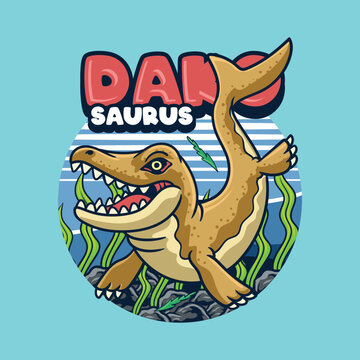Cute Dakosaurus Dinosaur Aquatic Character Mascot in Cartoon Illustration