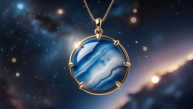 Elegant gold necklace with blue gemstone pendant against a cosmic starry background