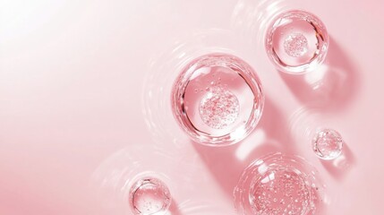 Clear spheres floating on a soft pink liquid surface, creating gentle ripples.