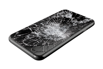 Smartphone with shattered screen isolated on transparent background