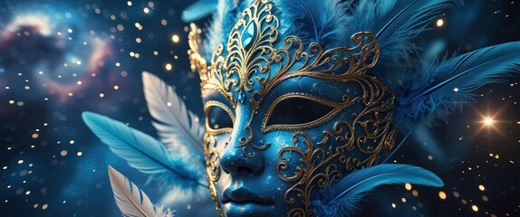 Fototapeta premium Ornate blue Venetian mask with gold details and feathers against a starry cosmic background