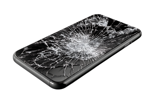 Smartphone with shattered screen isolated on transparent background