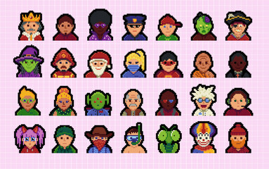 People character set, man, woman pixel art flat style, girl, guy, avatar, social net portrait, profile picture. Design of 80s. Game assets. 8-bit. Isolated vector illustration background.