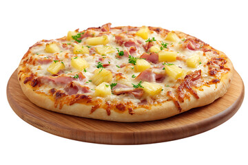 Hawaiian pizza on wooden board isolated on transparent background