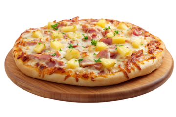 Hawaiian pizza on wooden board isolated on transparent background
