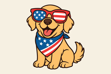 Patriotic golden retriever puppy wearing bandana and sunglasses