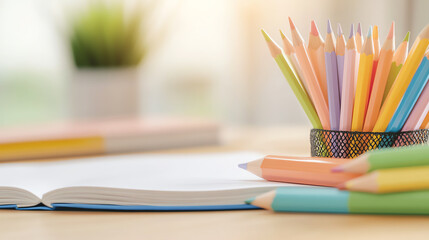 A vibrant collection of colored pencils arranged in a holder next to a blank notebook, perfect for creative projects and inspiration.