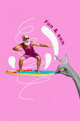 Trend artwork poster composite sketch image collage of fun sun aged man stand balance surfing hand...