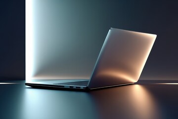 Sleek modern laptop on reflective surface with glowing ambient light in a dark minimalistic setting