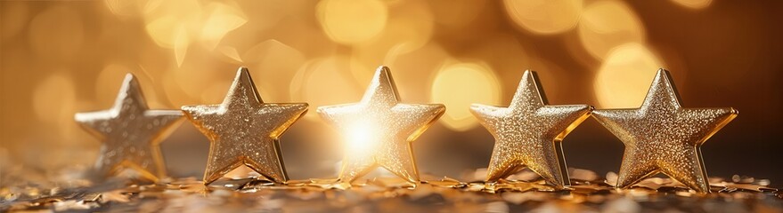 Golden five stars shining, signaling peak performance, top tier quality, and outstanding customer experience in rating system