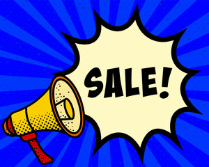 Sale announcement speech bubble. Megaphone, speech burst, comic style, bright background, communication element, expression tool, voice projection, information sharing, pop art design.