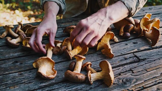 Experienced mycologist sorting saffron milk cap mushrooms on rustic wooden surface, displaying freshly gathered wild edible fungi