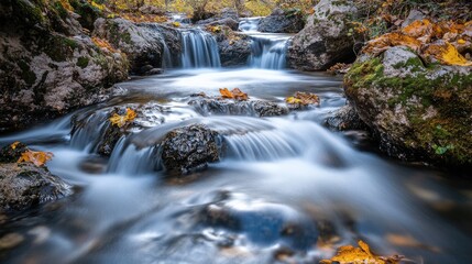 Gentle waterfall cascading over rocks in autumn.