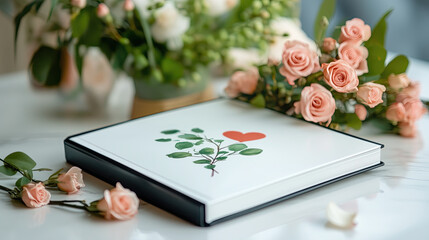 Obraz premium Beautiful photo featuring decorative album with heart design, surrounded by soft pink roses and greenery, creating romantic atmosphere