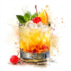 Orzeźwiający drink z miętą, cytryną i wiśniami, na tle akwarelowych plam. Idealna ilustracja letniego koktajlu.