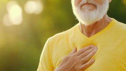 Close up holding senior man chest, hand to of experiencing chest pain after exercising outdoors in nature