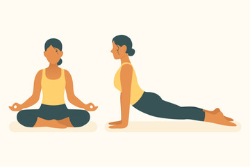 Woman practicing meditation and upward dog pose, combining calm breathing with spine extension in yoga and pilates routine