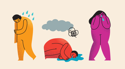Psychology concept set of the flat vector illustrations. Self-abuse, violence and pressure. Person under overwhelming control, assault. Mental health problem.