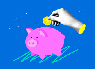 Halftone hand puts coin into piggy bank. Concepts of savings, investments, deposits. Earning money. Financial literacy. Financial safety cushion. Saving money for retirement fund. Modern collage