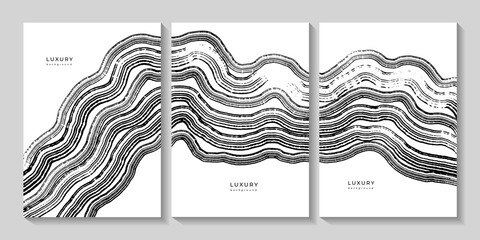 Set of black and white templates with wavy wooden texture. Backgrounds with grunge curved lines. Organic eco background. Templates for business cards, cover. Wave pattern