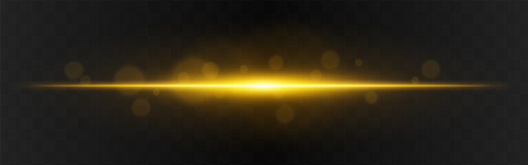 Light burst. Golden horizontal glow with radial flare and soft particles on dark transparent background, suitable for tech or sci-fi visuals.