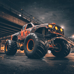 Olbrzymi monster truck z podświetlonymi detalami, stojący pod estakadą w nocy. Surowy i mocny wygląd pojazdu.