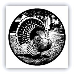 A mature, gray and white turkey hen is centered in a nest of straw. She is brooding over three eggs, with two small, light yellow chicks visible near the eggs. The turkey is positioned in a slightly c